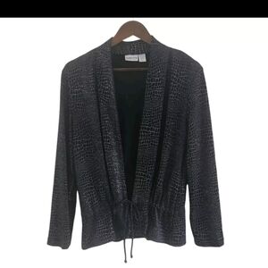 Chicos Open Front Cardigan Jacket Navy Blue Silver Size 1 S 8 Drawstring Tie